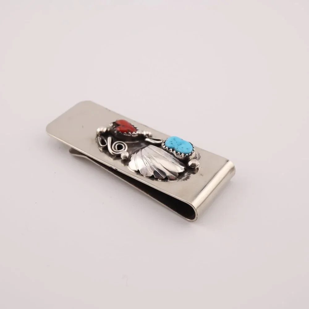 Native American Money Clip Sterling Silver Turquoise and Coral Stones Handmade**